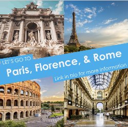 “Let’s go to Paris, Florence, and Rome” written and advertised over European landmarks of Galleria Vittorio Emanuele II in Italy, Eiffel Tower in Paris, and the Trevi Fountain and Colosseum in Rome.